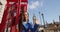 London Happy Woman Waving At Red Phonebooth In London England