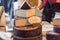 LONDON - JUN 12, 2015: Cheese shop in London. A variety of cheeses for sale at Borough Market in London, United Kingdom.