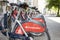 LONDON - MAY, 2017: A row of city bikes, available for hire in the City of London, detail