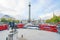 London - October 4, 2019: King George IV statue and Nelson`s Column, buses on Trafalgar Square, aerial view