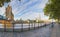 London - The panorama of Thames riverside, Tower bridge and Shard from promenade in morning light