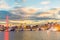 London panoramic view at sunset with illuminated skyline