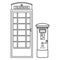 London postal street mailbox and telephone booth, black outline, doodle style, isolated vector illustration