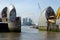 London\'s Thames Barrier and city of London.