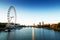 London Skyline landscape at Sunrise with Big Ben, Palace of Westminster, London Eye, Westminster Bridge, River Thames, London, Eng