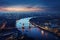 London skyline with Tower Bridge at dusk, England, United Kingdom, Panoramic view on London and Thames at twilight, from Tower