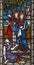 London - St. Peter and John heal of paralytic in front of Temple in Jerusalem on the stained glass in St Mary Abbot`s church