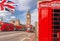 London symbols with BIG BEN, DOUBLE DECKER BUS and Red Phone Booths in England, UK