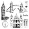 London symbols: St. Paul Cathedral, Big Ben and Tower Bridge. Beautiful hand drawn sketch illustration.