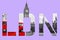 London text banner - Westminster scene with big ben and red bus