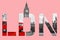 London text banner - Westminster scene with big ben and red bus