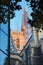 London - The top of Shard tower and tower of Southwark cathedral in evening light