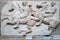 London, UK - 18 April 2022: A section of the Elgin Marbles, a collection of Greek sculptures from the Parthenon in Athens,