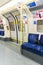 LONDON, UK - APRIL 07: Interior of empty Northern line underground train showing access doors. April 07, 2013 in London.