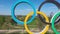 LONDON, UK - April 10th 2019: The Olympic games sign under a blue sky