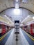 London, UK - April 2019: Two trains at the platforms at the empty Shepherd\'s Bush station, London