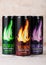 LONDON, UK - JUNE 30, 2018: aluminium tins of Burn Energy Drink Original on wood. Burn energy is made for keeping eyes open and mi