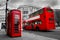 London, the UK. Red phone booth and red bus