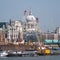London UK. Skyline showing the iconic dome of St Paul`s Cathedral, the River Thames, cranes and buildings under construction