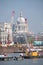 London UK. View of the iconic dome of St Paul`s Cathedral, the River Thames, cranes and buildings under construction