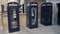 London, United Kingdom, February 6, 2022: urban installation of telephone booths with the inscription SOS on the street