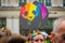 LONDON, UNITED KINGDOM - JULY 2019: WWF logo, panda is coloured in rainbow colours on Pride Parade in London