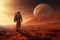 A lone astronaut in a bright orange space suit stands on a rugged and rocky alien landscape, An astronaut exploring the surface of