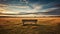 A lone bench in a field taken during a low sunset