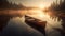 A Lone Boat On A Calm Lake At Sunrise. Generative AI