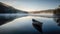 A Lone Boat On A Calm Lake At Sunrise. Generative AI