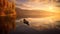 A lone boat drifting across a still lake during a golden sunset