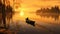 A lone boat drifting across a still lake during a golden sunset