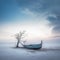 a lone boat sits on the beach under a cloudy sky