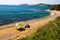 Lone camping on desert beach on the isle Putyatin