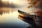 A lone canoe rests on the sandy shore, framed by a serene lake and a tranquil backdrop of nature, An old wooden canoe on the
