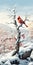 Lone Cardinal Perched On Cartoon Tree: Winter Fantasy Artwork