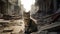 A lone cat wandering through the aftermath of a war zone. Generative AI