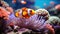 Lone clownfish surrounded by anemone tentacles in vibrant, colorful reef habit.