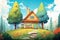 a lone cottage nestled among towering trees, magazine style illustration