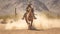 Lone Cowboy Riding Through Dusty Desert Landscape