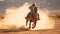Lone Cowboy Riding Through Dusty Desert Landscape
