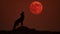 A lone coyote howling at a red moon its silhouette against a barren desert landscape.