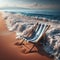 Lone deckchair sits on golden beach as the waves lap