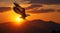 A lone eagle soaring in the sky as the sun sets in the background