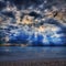 A lone eagle soars in pre-storm clouds over the smooth surface of the sea