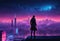 A lone figure standing on a rooftop- overlooking a sprawling metropolis bathed in the glow of neon lights.