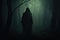 A lone figure stands in the darkness of a dense forest, creating an air of mystery and intrigue, Hooded figure in the dark forest