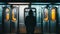 A lone figure stands facing away from the camera framed by the reflective windows of the subway train. The persons