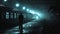 A lone figure stands on the platform facing away from the camera. The lights of the spectral train behind them cast