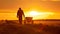 A lone figure walks along a dirt path silhouette against the backdrop of a colorful sunset over the farmland. The worn